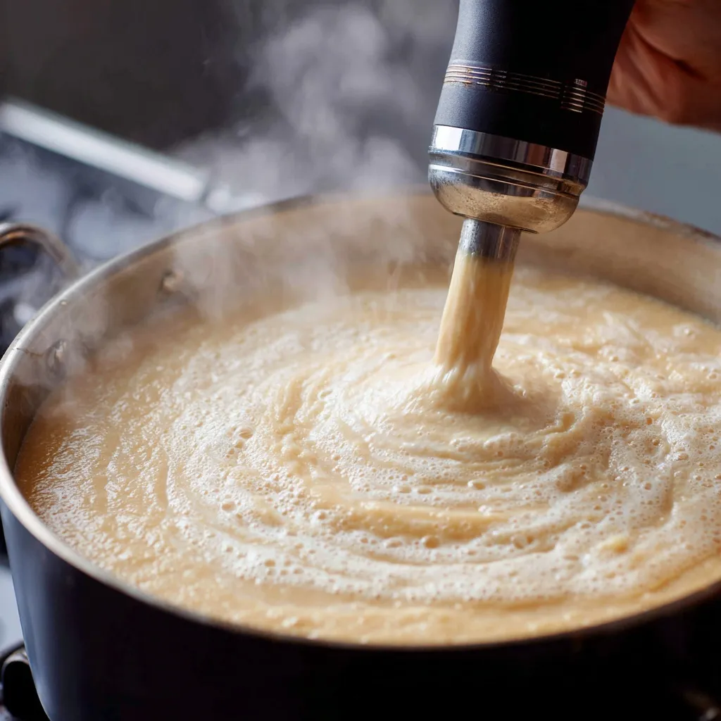 Blending Cajun Potato Soup for smooth consistency