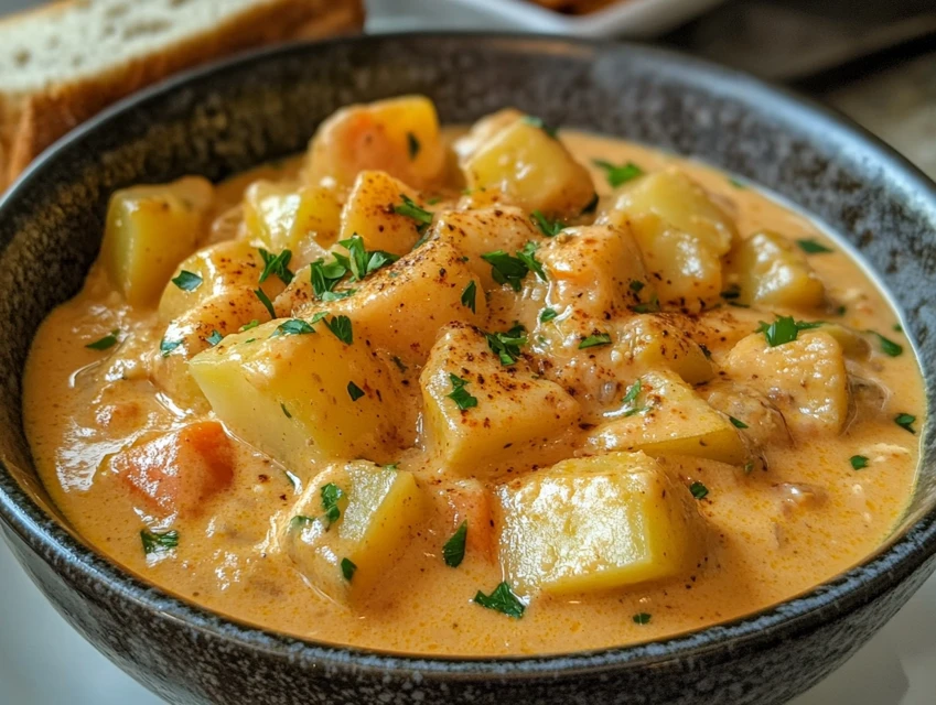 Garnished Cajun Potato Soup ready to serve