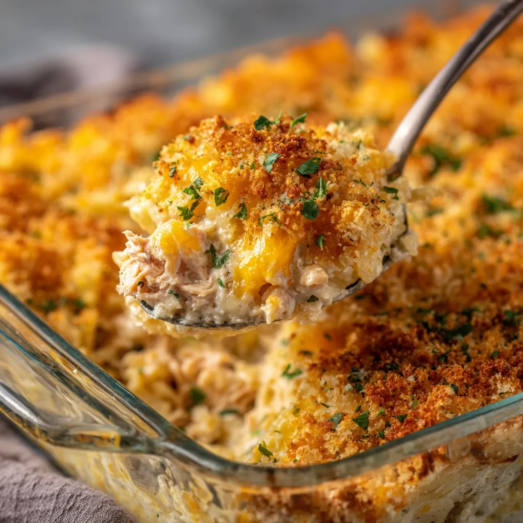 Close-up of tuna casserole recipe with golden topping