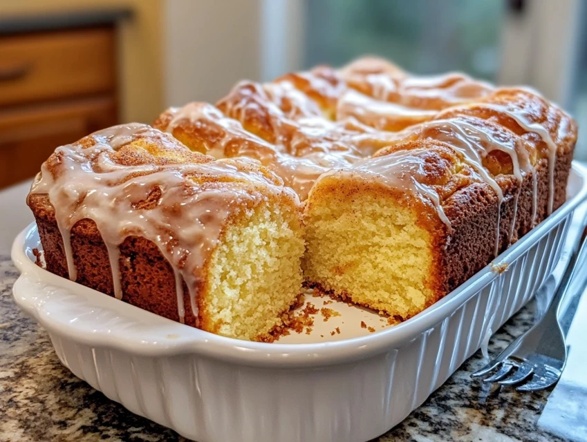 Honey Bun Cake Recipe with glaze on rustic table