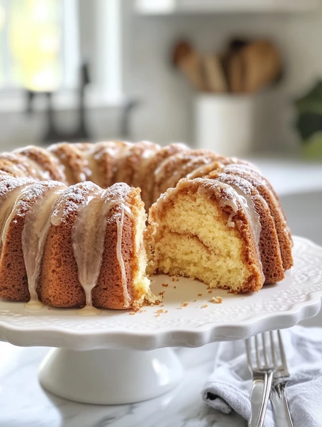 Honey Bun Cake Recipe with glaze on rustic table