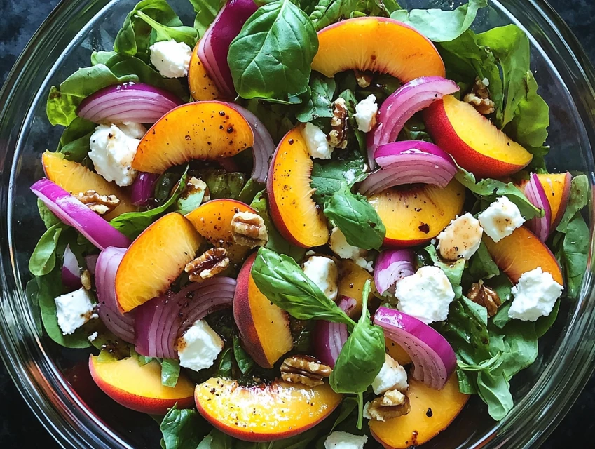 Served peach salad recipe in a white bowl