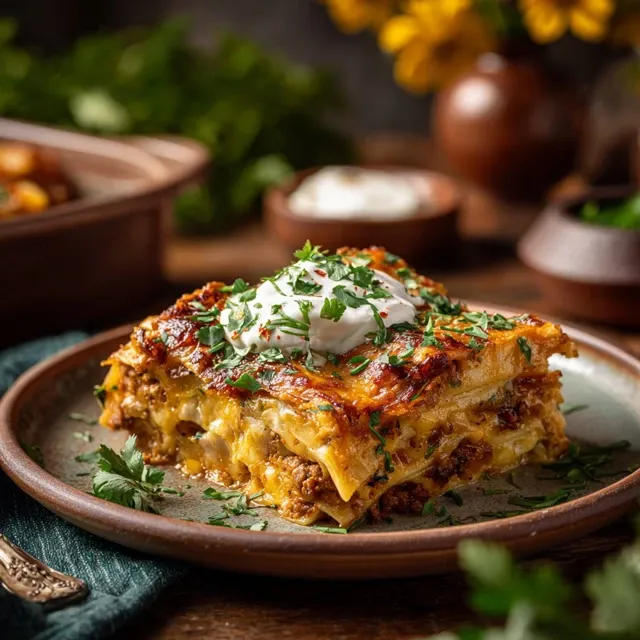 Served slice of Mexican lasagna