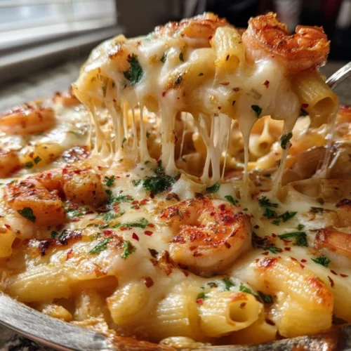 Shrimp Scampi Pasta Bake Recipe with golden cheese and parsley