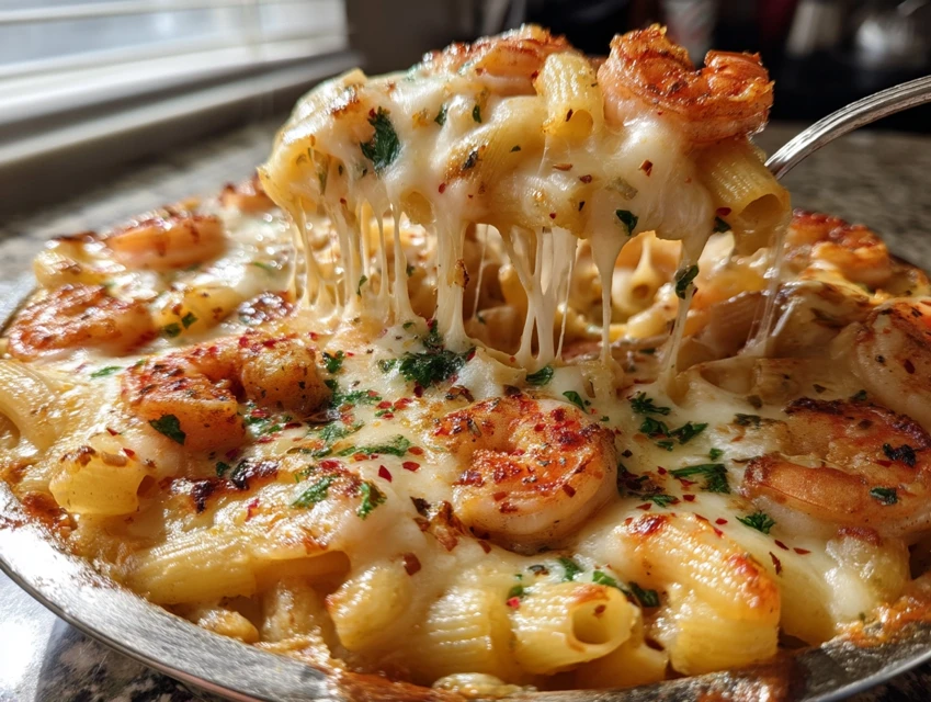 Shrimp Scampi Pasta Bake Recipe with golden cheese and parsley