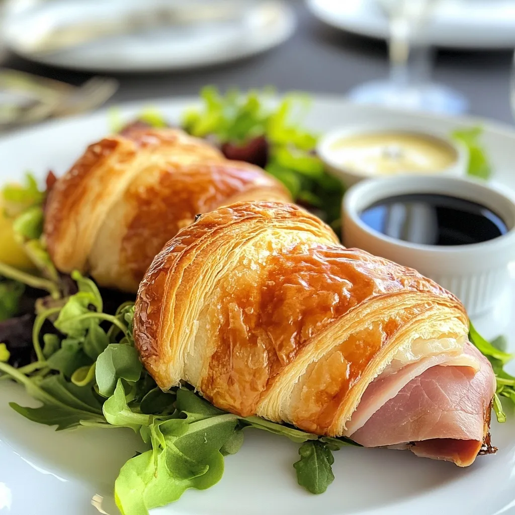 serving baked ham and cheese croissants with salad