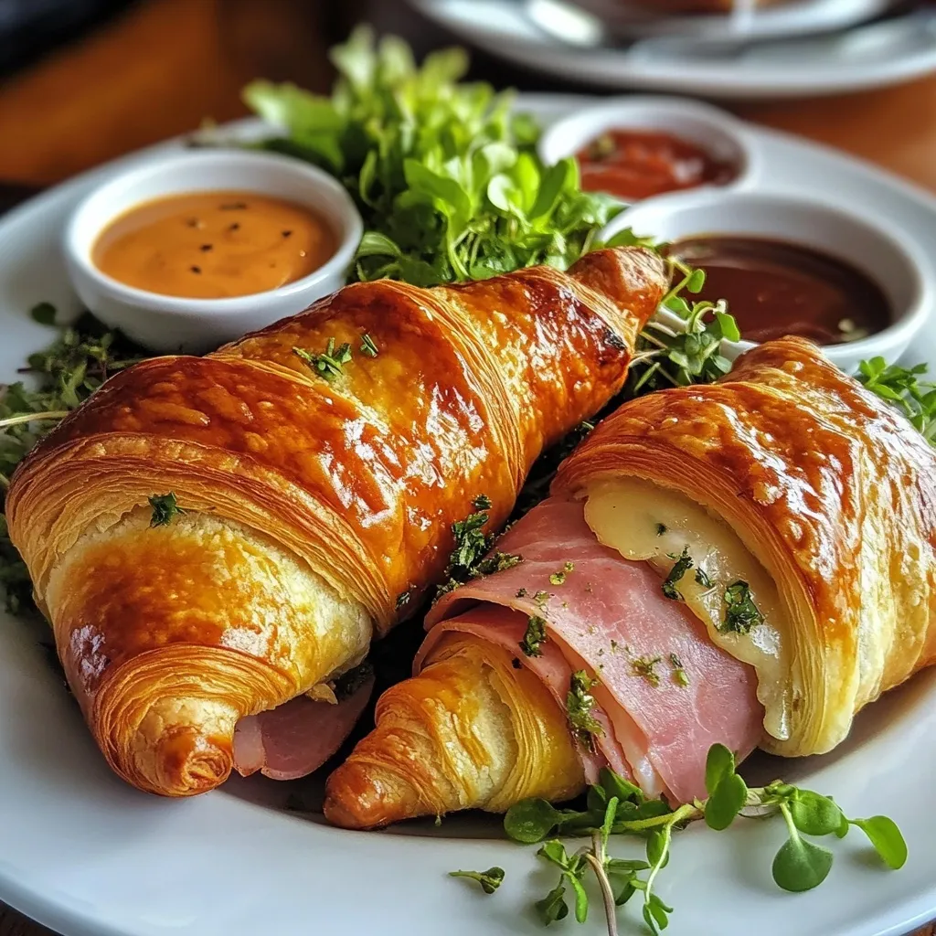 serving baked ham and cheese croissants with salad