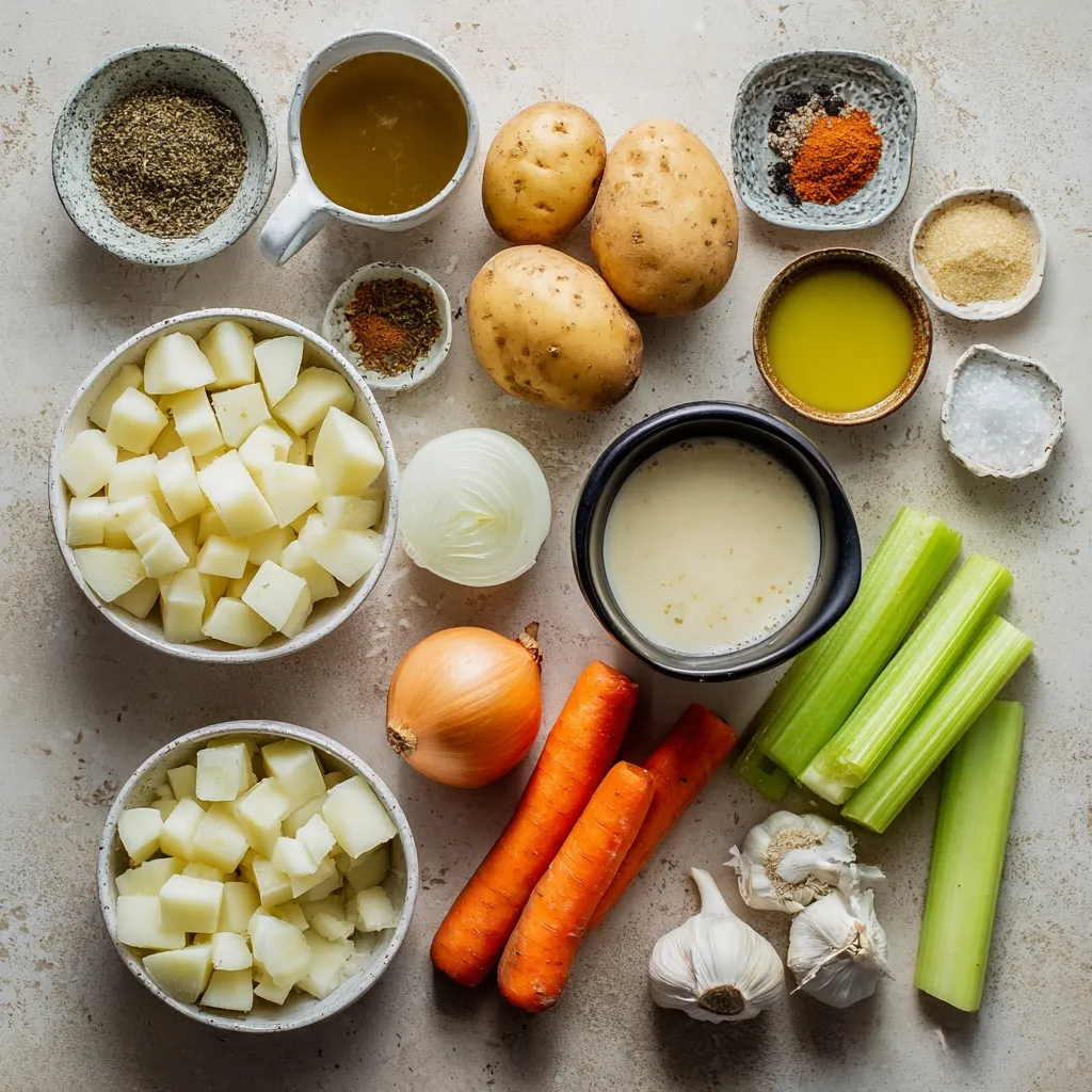 Cajun Potato Soup ingredients prepared on kitchen counter