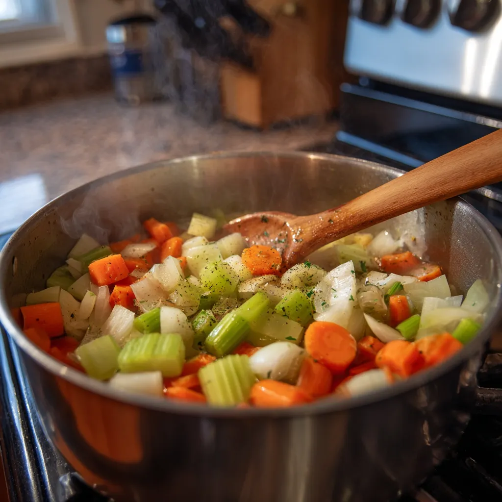 Sautéing vegetables for Cajun Potato Soup Recipe