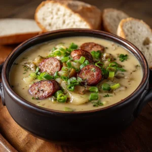 Garnished Cajun Potato Soup ready to serve