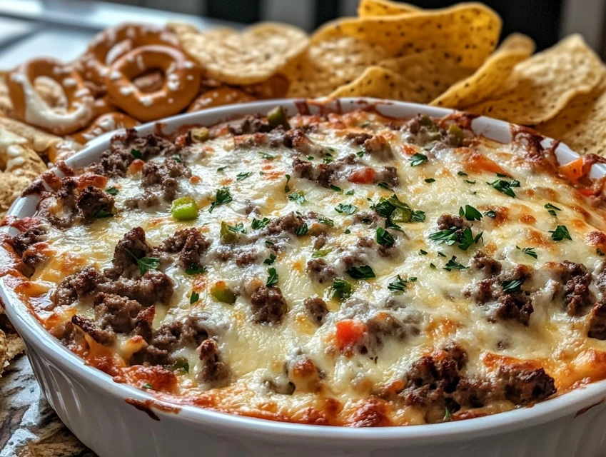 Cheesesteak Dip Recipe served warm in skillet