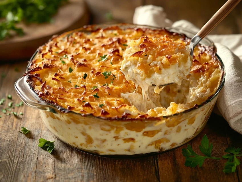 Cheesy hash brown casserole recipe baked to golden perfection