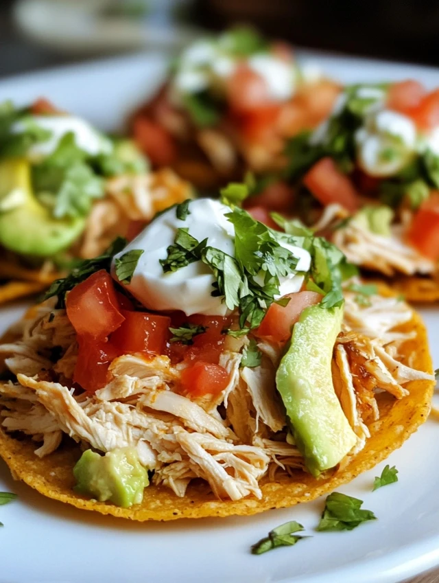 Served chicken tostadas with fresh garnishes