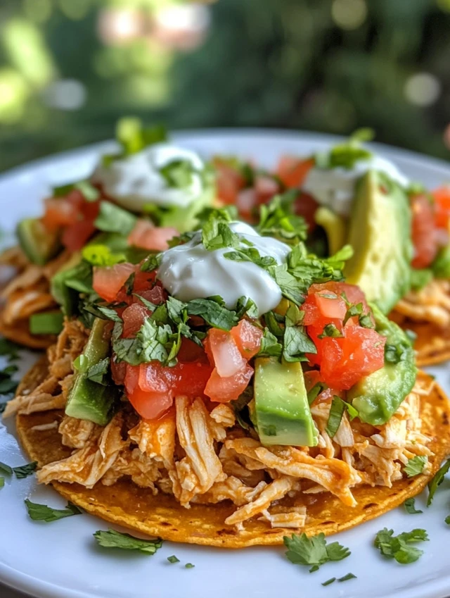 Served chicken tostadas with fresh garnishes
