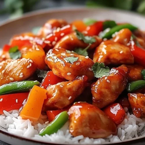 Plated Chinese chicken recipe over rice