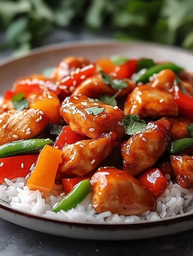 Plated Chinese chicken recipe over rice