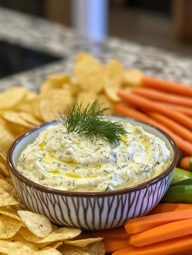 dill pickle dip recipe card and final dish