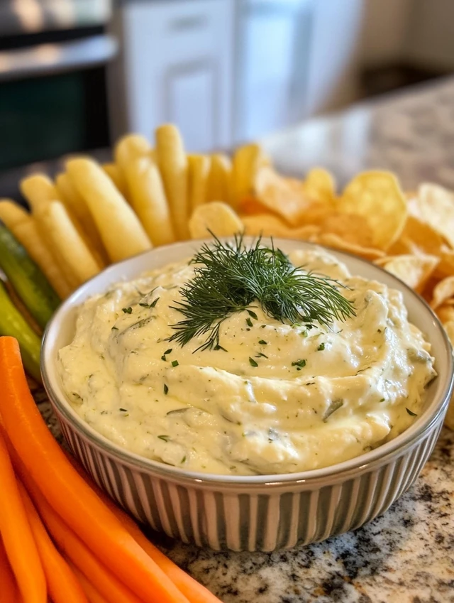 dill pickle dip recipe card and final dish