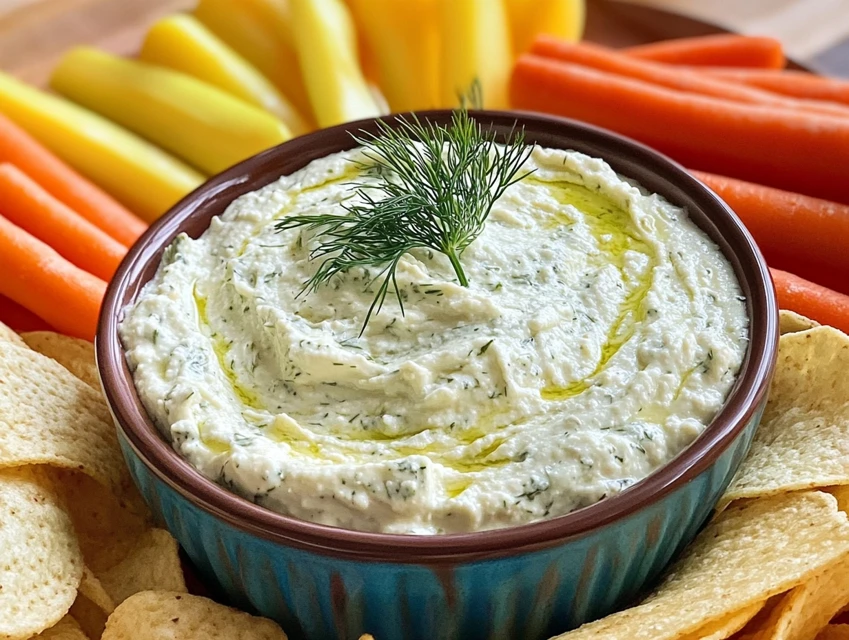 dill pickle dip with fresh ingredients on table