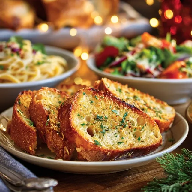 Garlic bread served with pasta and salad