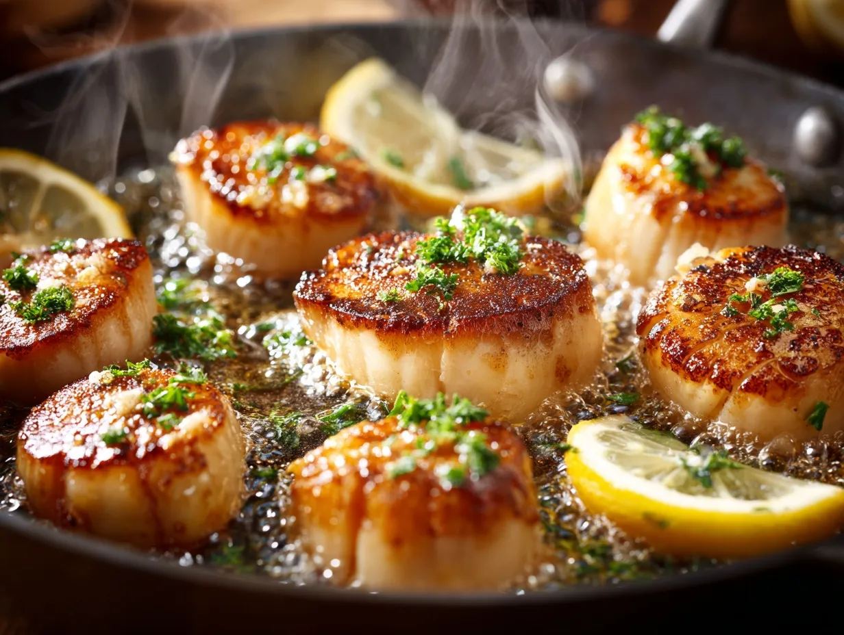 Garlic butter scallops perfectly seared in a pan