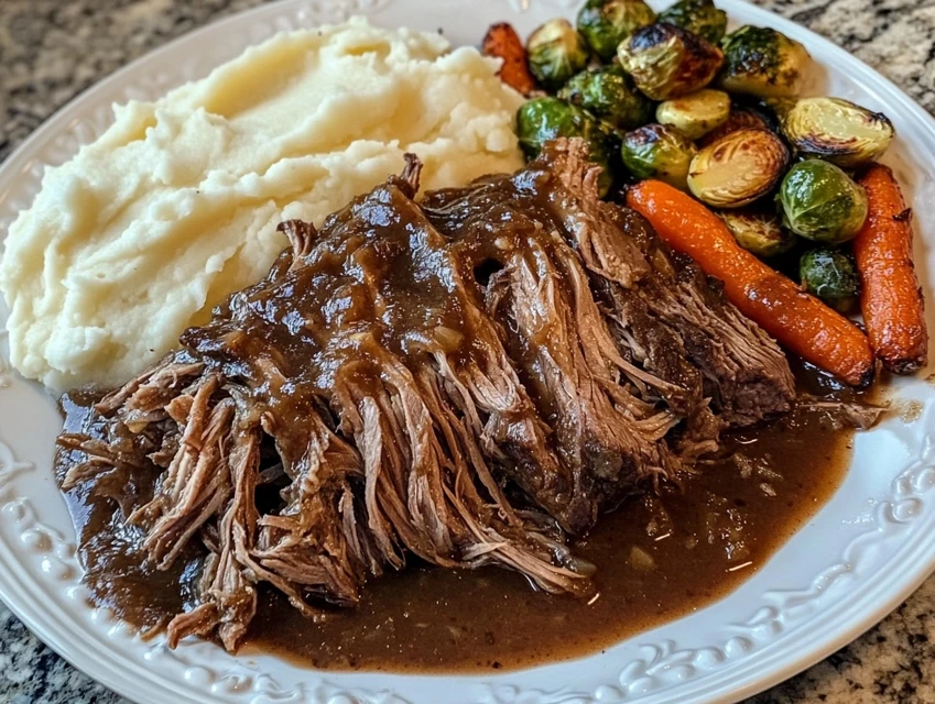Juicy Mississippi Pot Roast served with sides on a rustic table