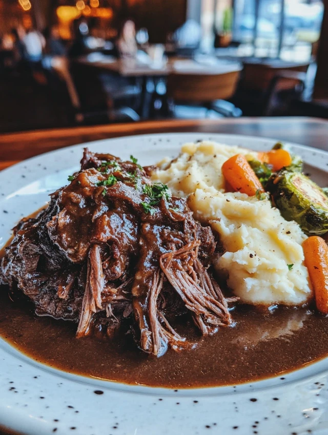 Juicy Mississippi Pot Roast served over mashed potatoes