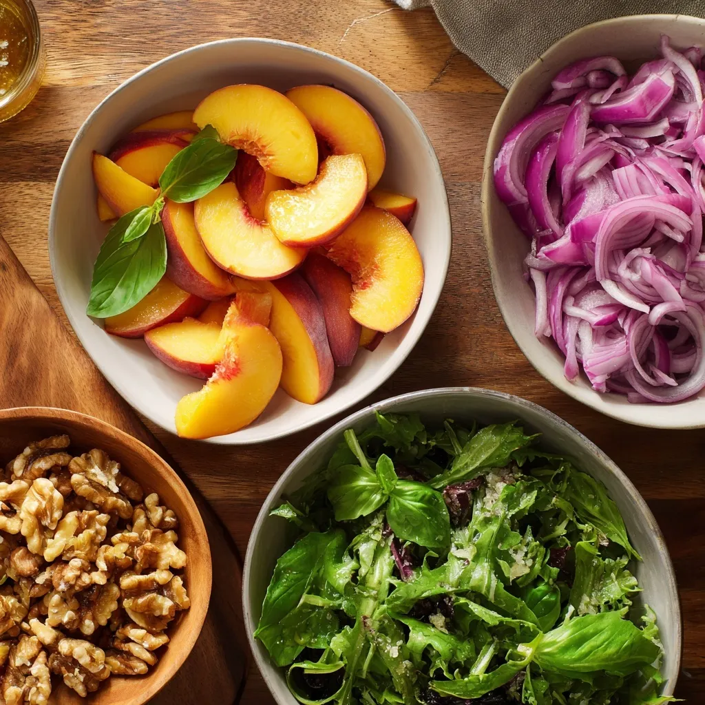 Preparing ingredients for a peach salad recipe