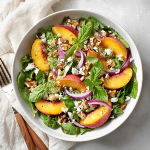 Final peach salad recipe served with balsamic vinaigrette