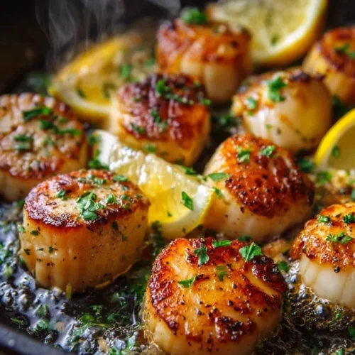 Scallops searing in garlic butter in skillet