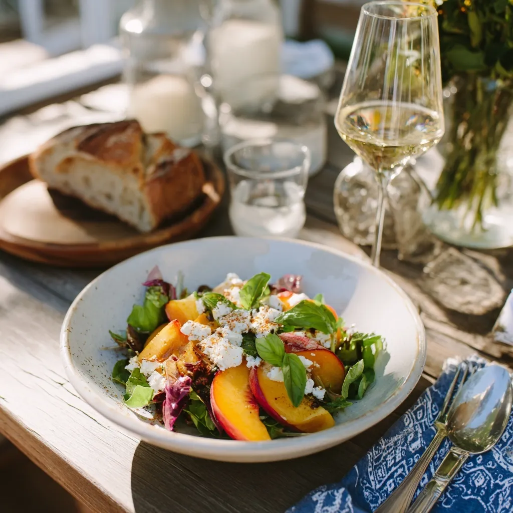 Served peach salad recipe in a white bowl
