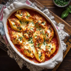 Stuffed shells recipe baked with marinara and cheese