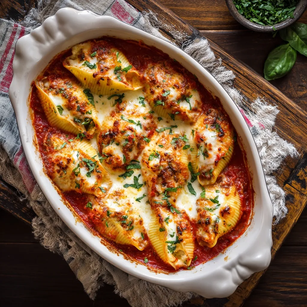 Stuffed shells recipe baked with marinara and cheese
