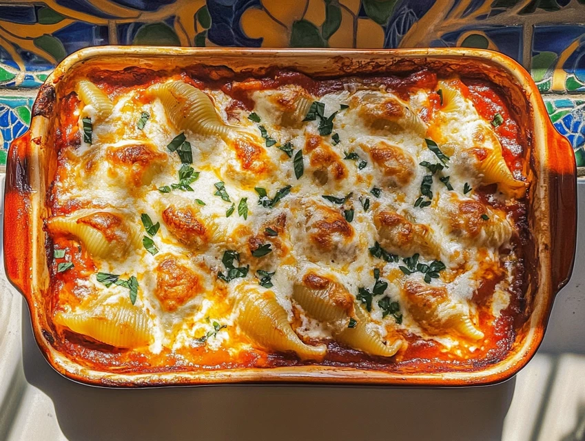 Stuffed shells recipe baked with marinara and cheese
