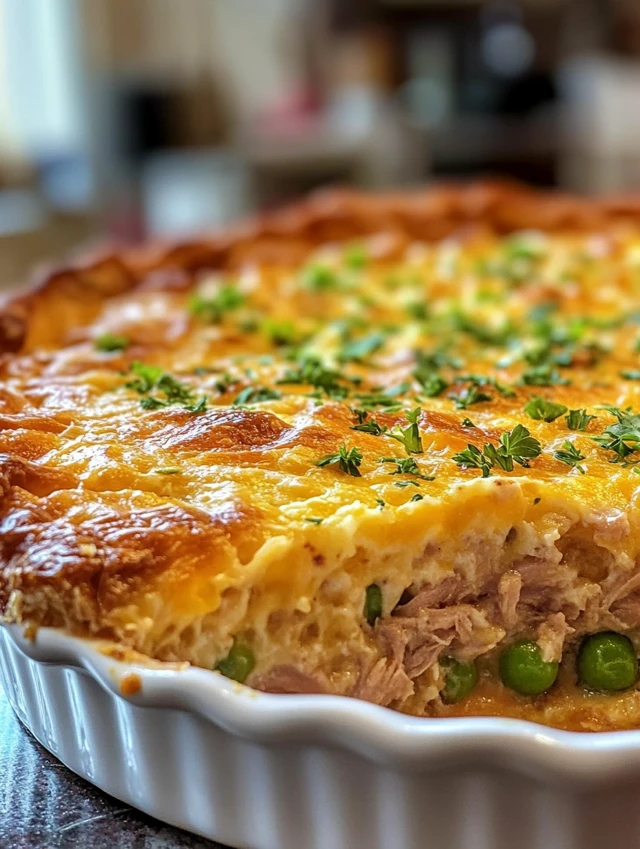 Tuna casserole recipe baked in a golden, creamy finish