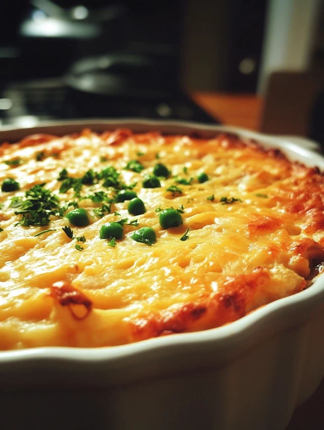 Tuna casserole recipe baked in a golden, creamy finish