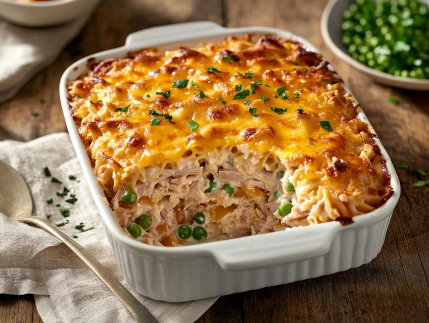 Tuna casserole recipe baked in a golden, creamy finish