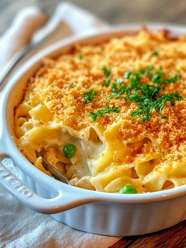 Tuna noodle casserole recipe served with salad and bread