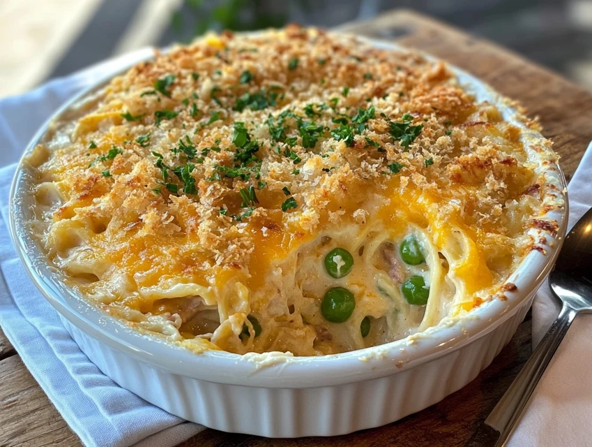 Tuna noodle casserole recipe baked to golden perfection