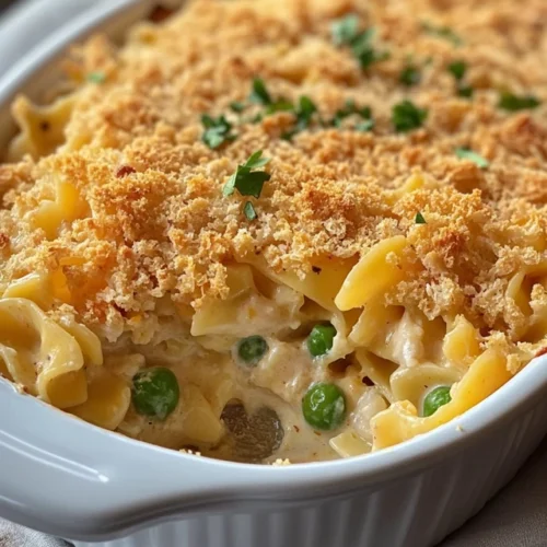 Tuna noodle casserole recipe served with salad and bread