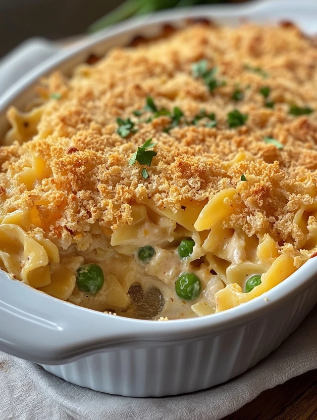 Tuna noodle casserole recipe served with salad and bread