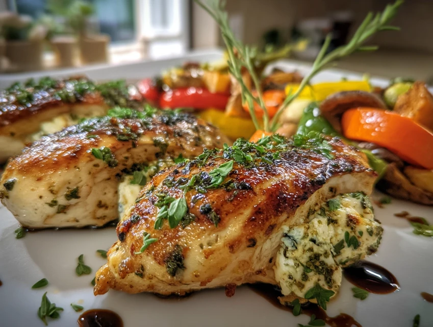 A juicy chicken breast stuffed with garlic and herb Boursin cheese, sliced open to reveal the melted center, served on a rustic plate with vegetables.