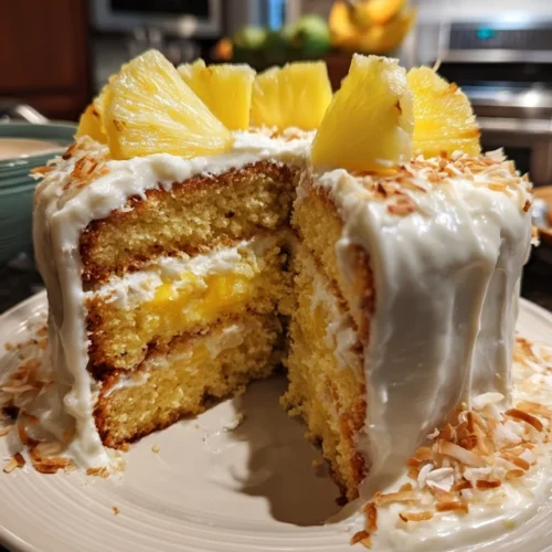 Hawaiian Pineapple Cake Recipe frosting and tropical garnish