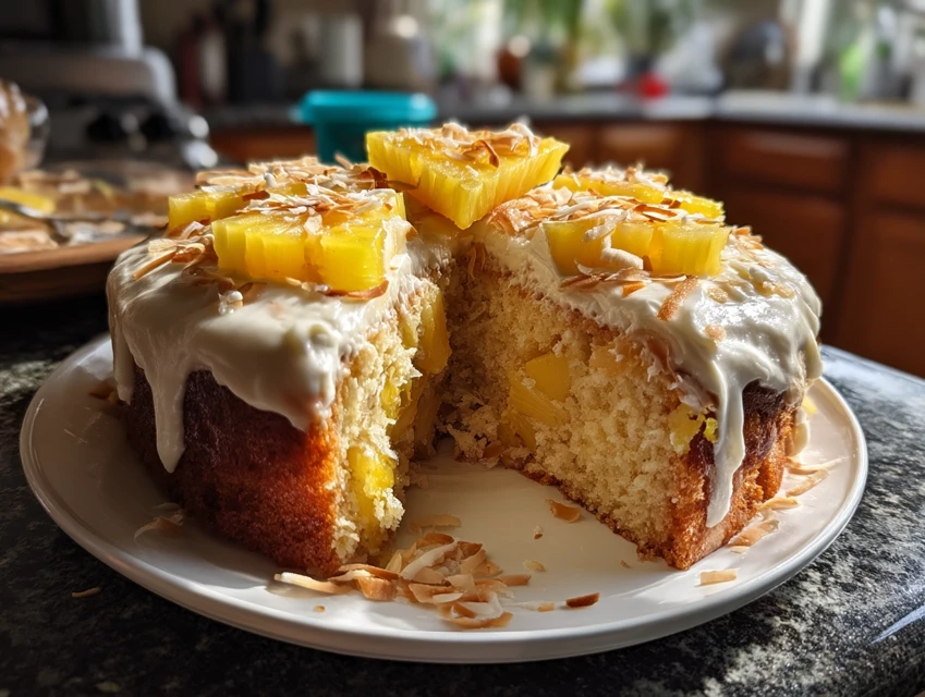 Hawaiian Pineapple Cake Recipe with frosting and tropical garnish
