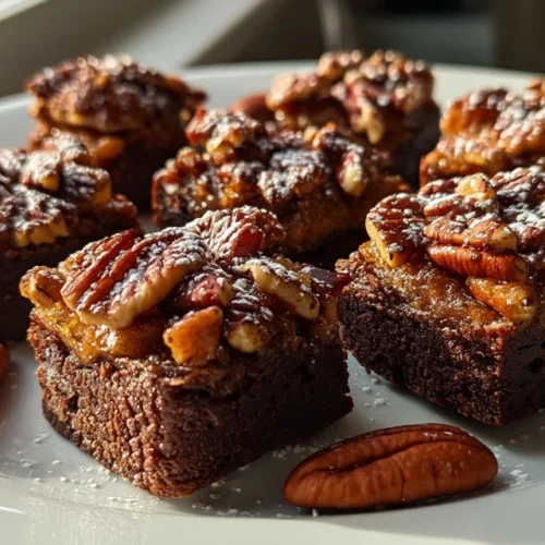 Gooey and crunchy pecan pie brownie bites recipe on a plate