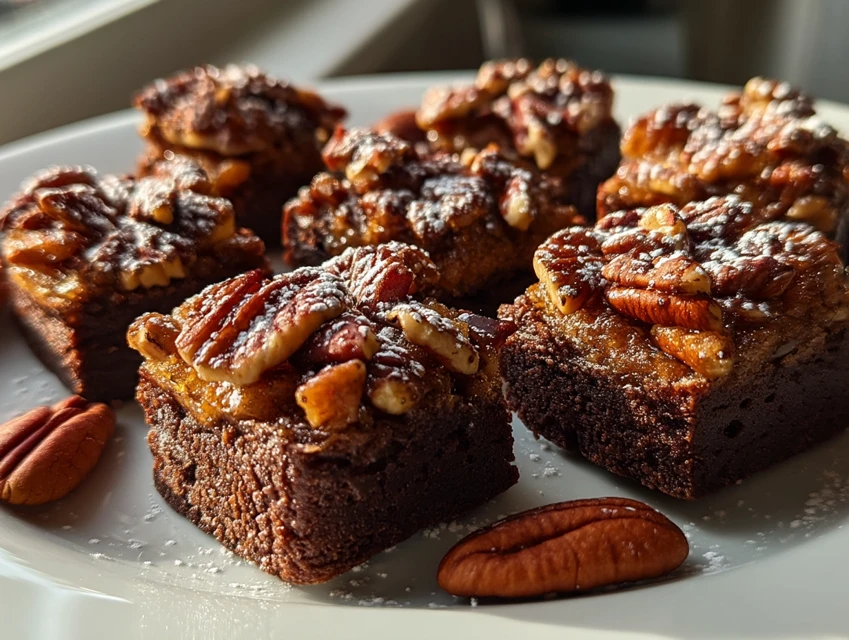 Gooey and crunchy pecan pie brownie bites recipe on a plate
