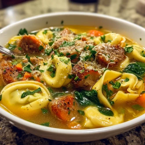 Bowl of sausage tortellini soup recipe with cheese tortellini, sausage, and spinach