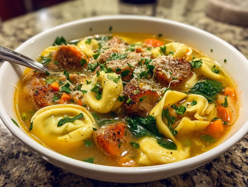 Bowl of sausage tortellini soup recipe with cheese tortellini, sausage, and spinach