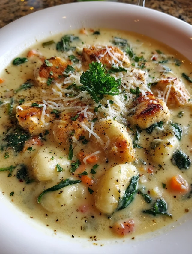 A hearty Chicken Gnocchi Soup with tender chicken, fluffy gnocchi, and vegetables, served in a bowl with a creamy broth, perfect for cozy meals.