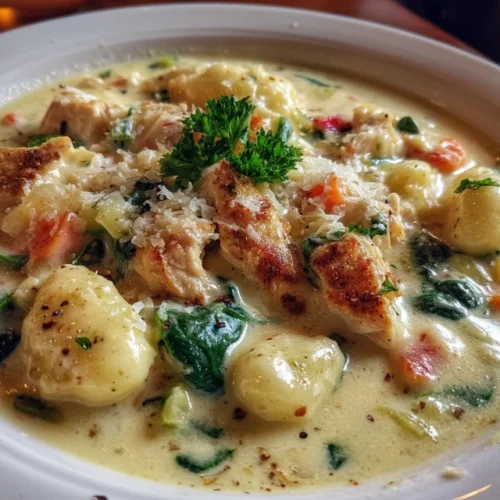 Chicken Gnocchi Soup recipe in a white bowl with fresh herbs